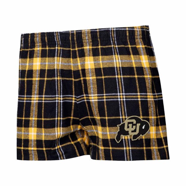 A black, yellow, and gray pair of plaid slash flannel shorts, with a C-U Buffalo logo on the left leg.
